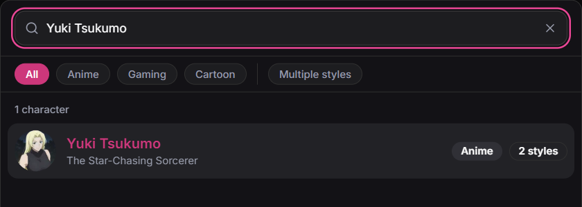 Character search result for Yuki Tsukumo — actual Pinku AI public interface.