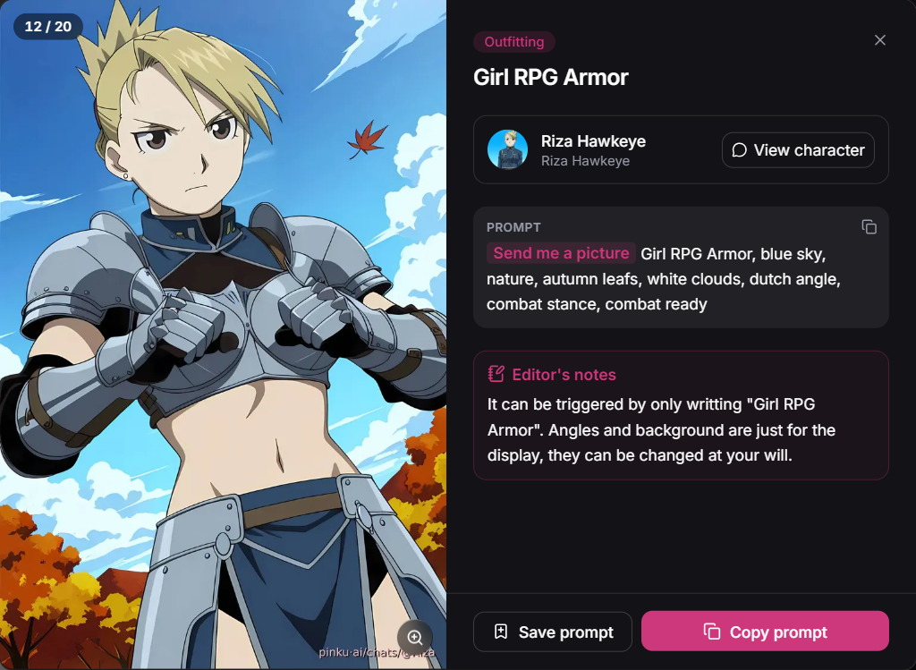 Girl RPG Armor preset with Riza Hawkeye — actual Pinku AI public interface.