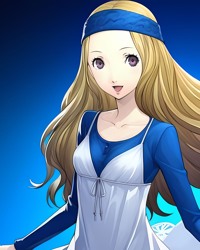 Blonde Chihaya Mifune in a blue headband and cardigan over a pale dress. Source: Pinku AI.