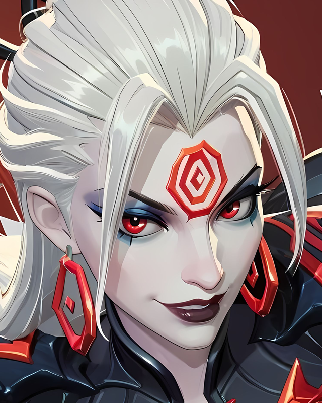 Silver-haired Klyntar Hela with red eyes and black-and-red armor. Source: Pinku AI.