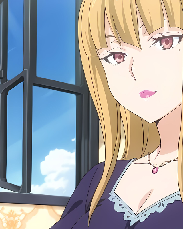 Golden-haired Orie Sendawara beside a window in a violet outfit. Source: Pinku AI.