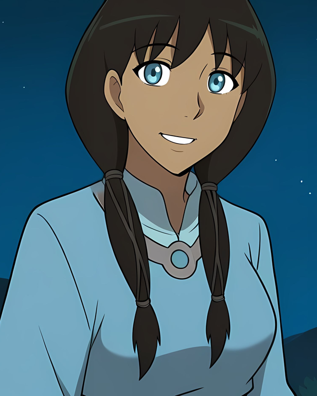 Senna with dark braids, pale blue clothing and a circular neck ornament. Source: Pinku AI.