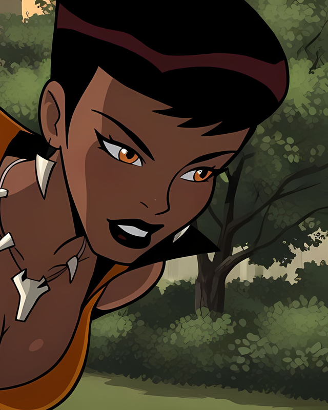 Short-haired Vixen in an orange outfit and pointed necklace. Source: Pinku AI.