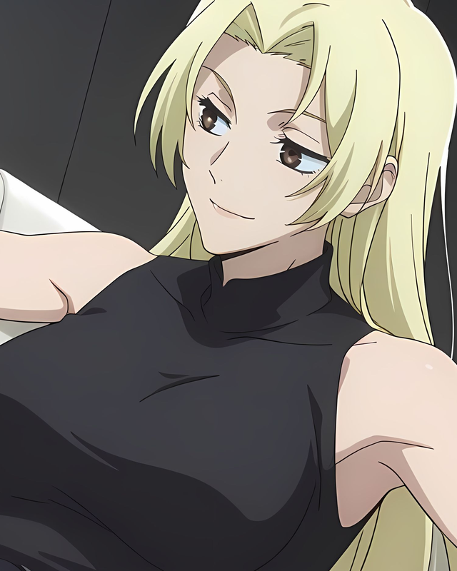 Blonde Yuki Tsukumo in a black sleeveless high-neck top. Source: Pinku AI.