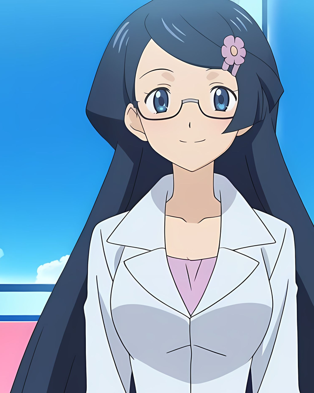 Fennel wearing glasses, a flower hair clip and a white lab coat. Source: Pinku AI.