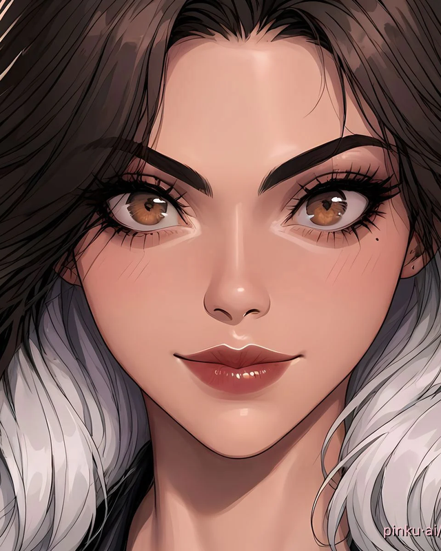 Violet Sorrengail with dark and silver-white hair in a close illustrated portrait. Source: Pinku AI.
